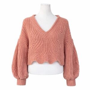 Pol V-Neck Cozy Slouchy Semi Cropped Top ChenilleChunky Knit Sweater Size M
